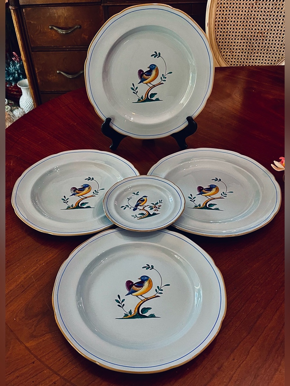 Copeland Spode Queen’s Bird 4 Dinner Plates & 1 B&B Y4973 Blue-Gray Add-On Lot